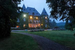a large house with a pathway leading to it at night at Château d'Adomenil in Rehainviller