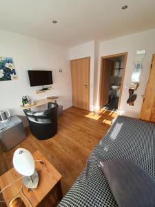 a living room with a bed and a television at Landhaus Warndtwald Dependance in Wadgassen