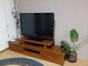 a flat screen tv sitting on a wooden entertainment center at privatni smestaj Dobri in Bujanovac