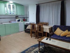 a kitchen with green cabinets and a couch and a table at privatni smestaj Dobri in Bujanovac