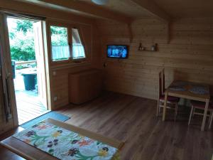 une chambre avec une table et une télévision dans une cabine dans l'établissement Domek Hanka, à Biskupice