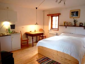 ein Schlafzimmer mit einem Bett und eine Küche mit einem Tisch in der Unterkunft Ein Platz für Ruhe und Naturgenuss in Sebnitz