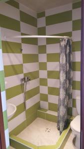 ein Badezimmer mit grün-weiß gestreiften Wänden und einer Toilette in der Unterkunft Willa Elf in Karwia + 50 Fotos