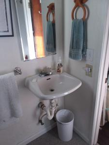 bagno con lavandino bianco e specchio di Lakeside Hostel & Guest House a Crescent City
