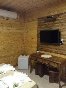 uma sala de estar com uma televisão e uma parede de madeira em Cabana Frio da Serra em Urubici