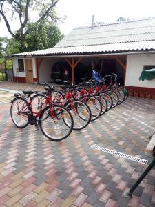 eine Reihe von Fahrrädern, die vor einem Gebäude geparkt sind in der Unterkunft Gulyás Vendégház in Tiszafüred
