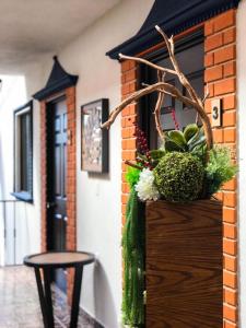 a wooden planter with flowers and plants in front of a door at Hotel Bugambilias Rooms in Tequisquiapan