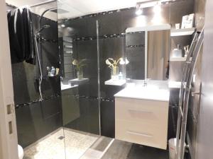 uma casa de banho com um chuveiro e um lavatório. em Studio Quisqualis em Sainte-Anne