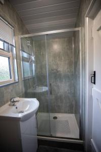 a bathroom with a shower and a sink at Shepherd Hut Bird Enniskillen, Fermanagh in Enniskillen