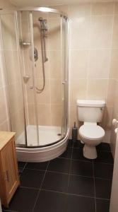 a bathroom with a shower and a toilet in it at Beautiful king room in Leith Walk in Edinburgh