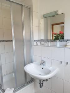 a white bathroom with a sink and a shower at Eisenbahnwelten in Kurort Rathen