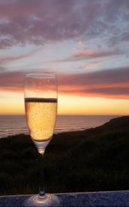 a glass of wine sitting in front of the ocean at SeaView Retreat -Amazing Ocean Views and Outdoor bath in Waiuku