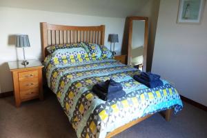 a bedroom with a bed and a dresser and a mirror at Castlemoor Holiday Cottage, Mull of Galloway in Drummore