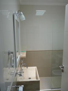 a bathroom with a sink and a shower at Hotel Bender in Coronel Suárez