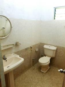 Sanithu Homestay Galle في غالي: حمام مع مرحاض ومغسلة ومرآة