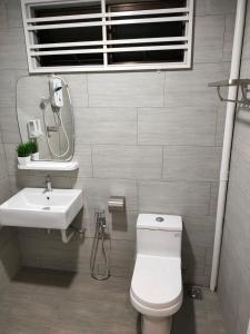 La salle de bains est pourvue de toilettes, d'un lavabo et d'un miroir. dans l'établissement 58 Kota Laksamana - Near Jonker Street for 10 to 15 Pax, à Malacca