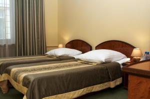 dos camas sentadas una al lado de la otra en una habitación en Wien Hotel en Leópolis