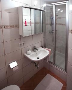 a bathroom with a sink and a shower at Appartements Ferienwohnungen Alpenblick in Faistenau