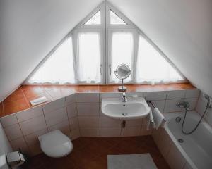 ein Badezimmer mit Waschbecken und Toilette und einem Fenster in der Unterkunft Appartements Ferienwohnungen Alpenblick in Faistenau