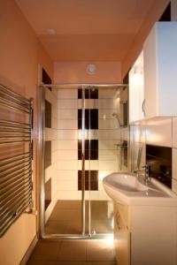 een badkamer met een douche en een wastafel bij Bungalow 10 personen in 's-Gravenzande