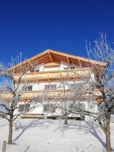 a building in the snow with trees in front of it at Appartements Höpfl in Westendorf