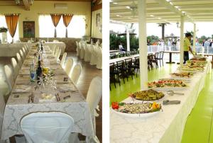 two pictures of a banquet hall with plates of food at Locanda del Lupo in Faenza