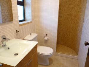 La salle de bains est pourvue de toilettes, d'un lavabo et d'une douche. dans l'établissement Casa Julio, à Carvoeiro