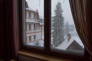 a window with a view of a snow covered tree at Apart Hotel Mamut in Kopaonik