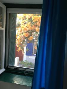 a window with a blue curtain in front of a tree at Toula's house 2 in Spetses