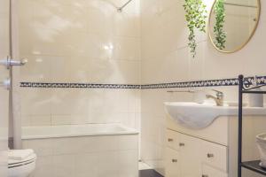 uma casa de banho com um lavatório, um WC e um espelho. em Charming Chiado 2Bedr W/Balcony and View em Lisboa