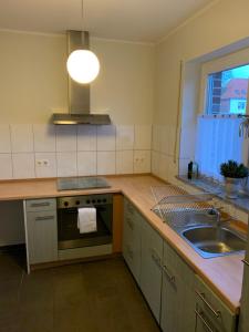 uma cozinha com um lavatório e um fogão em Ferienwohnung Franke em Ahaus