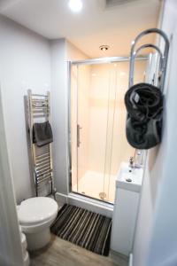 baño con ducha y aseo blanco en 1B Smart Apartments, en Newark-on-Trent