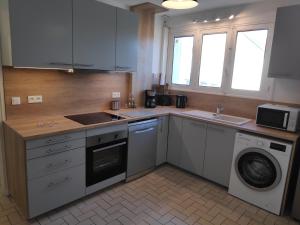 a kitchen with a sink and a washing machine at Le petit Husseau in Montlouis-sur-Loire