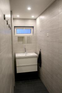 ein Bad mit einem Waschbecken und einem Fenster in der Unterkunft Polderhoek in Woubrugge