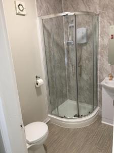 a bathroom with a shower and a toilet at The Victoria guest house in Mablethorpe