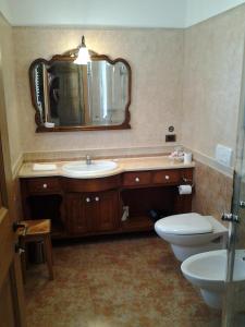 a bathroom with a sink and a toilet and a mirror at Cadore Haus in Auronzo di Cadore