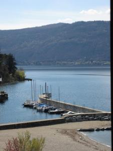 un quai avec des bateaux amarrés dans une grande étendue d'eau dans l'établissement Albergo Riva, à Reno Di Leggiuno