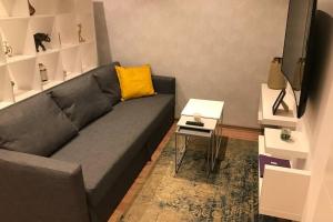 uma sala de estar com um sofá cinzento com uma almofada amarela em ZEUS Design Apartments Modern&Warm City em Viena