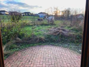 a brick path in a field with a cow behind a fence at Ferienhaus von Alvensleben in Hameln