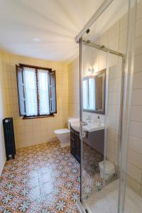 een badkamer met een douche, een wastafel en een toilet bij El Reinazu in Cangas de Onís