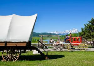 a horse drawn carriage with people riding on it at Buffalo Valley Ranch in Moran