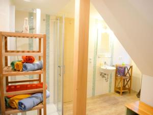 bagno con doccia, lavandino e doccia di Apartment Schneestern a Suhl