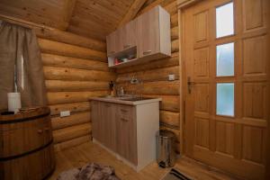 uma cozinha num chalé de madeira com um lavatório e uma porta em Studio - apartmani Brvnare em Trebinje