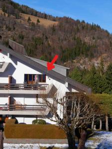 Un avion rouge survole un bâtiment dans l'établissement Romantic Chalet-Style Flat with Mountain View, à Torgon