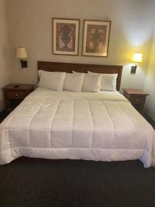 a large white bed in a hotel room at Raritan Hotel in Edison