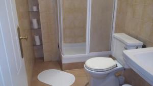 a bathroom with a white toilet and a shower at Apartamentos Patrisol in Zahara de los Atunes