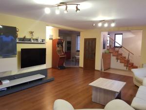 a living room with a tv and a couch and a table at Pensiunea Vila Mocanilor in Săcele