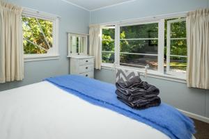 a bedroom with a bed with blue walls and windows at Hop, Skip and Jump to the Lake - Te Anau House in Te Anau