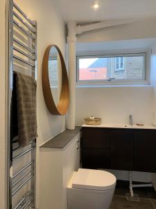 bagno con servizi igienici, lavandino e specchio di ApartmentInCopenhagen Apartment 1423 a Copenaghen