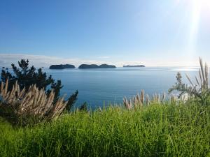a view of the ocean with islands in the distance at Anglers Lodge in Coromandel Town